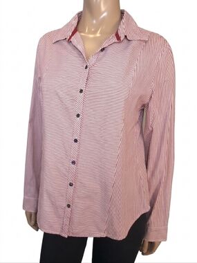 Talbots Striped Stretch Button Down Shirt Long Sleeve Classic Red White Preppy